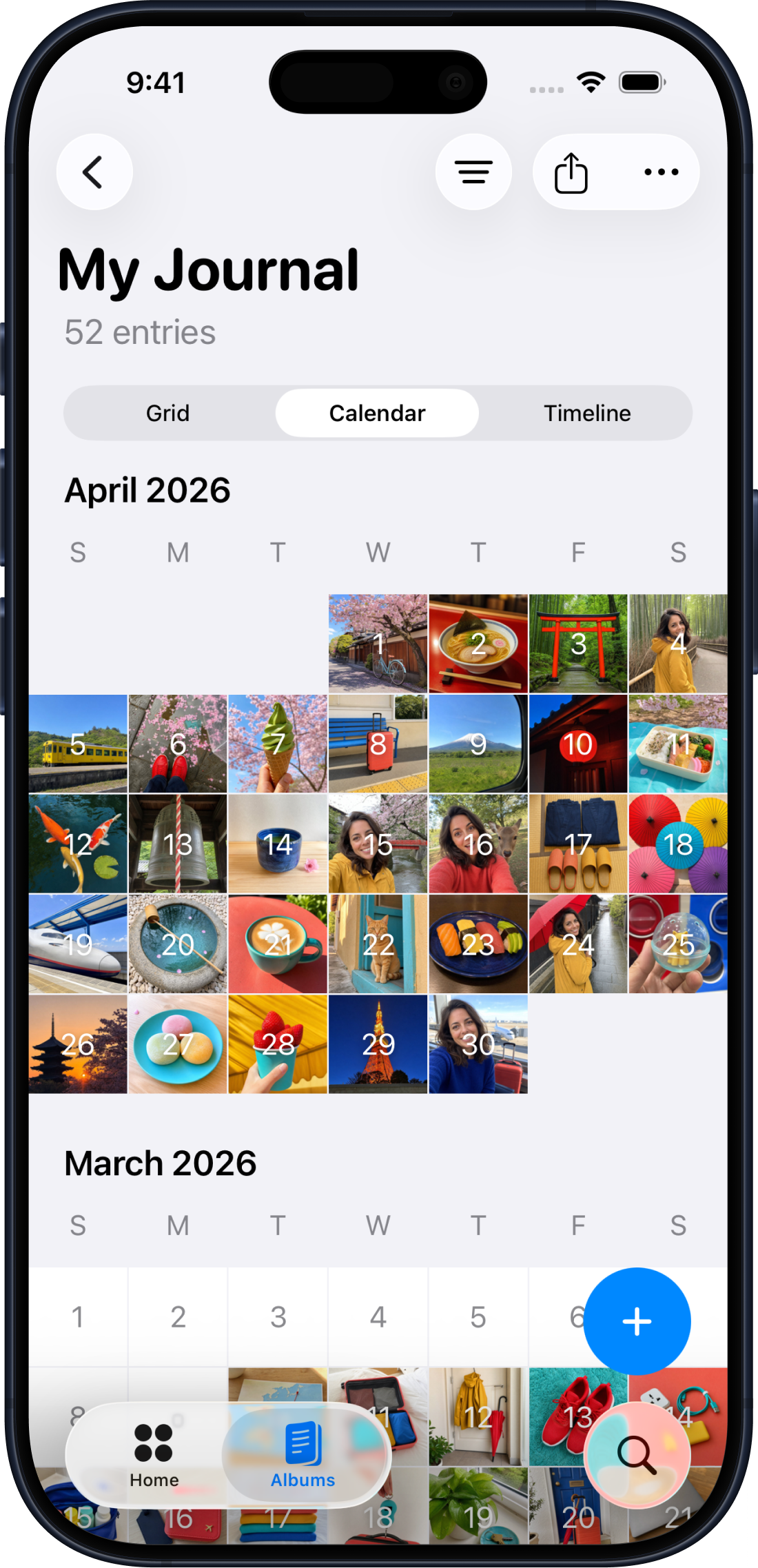 Collect album calendar view with photos arranged by day