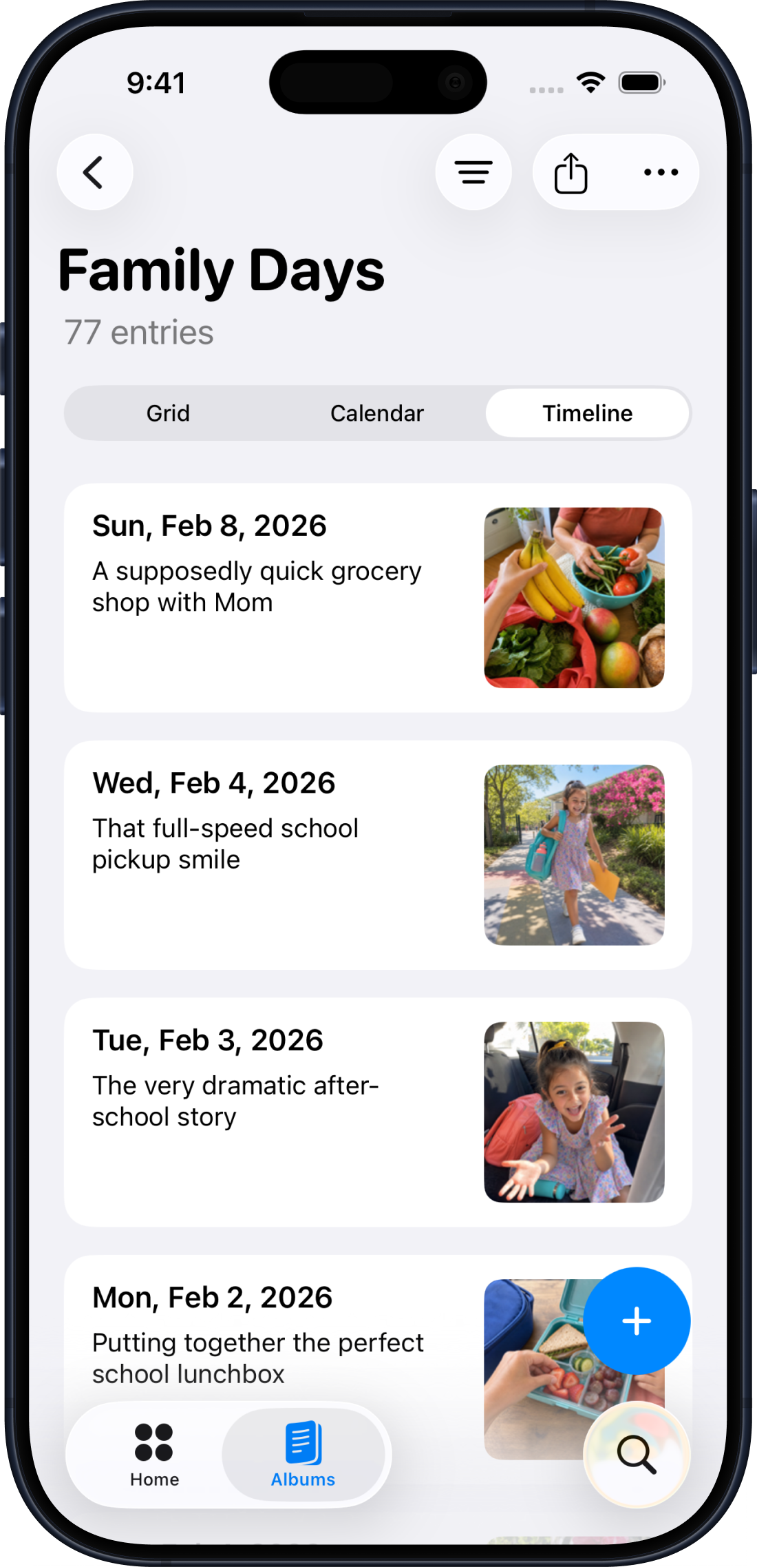 Collect album timeline view showing dated entries and photos
