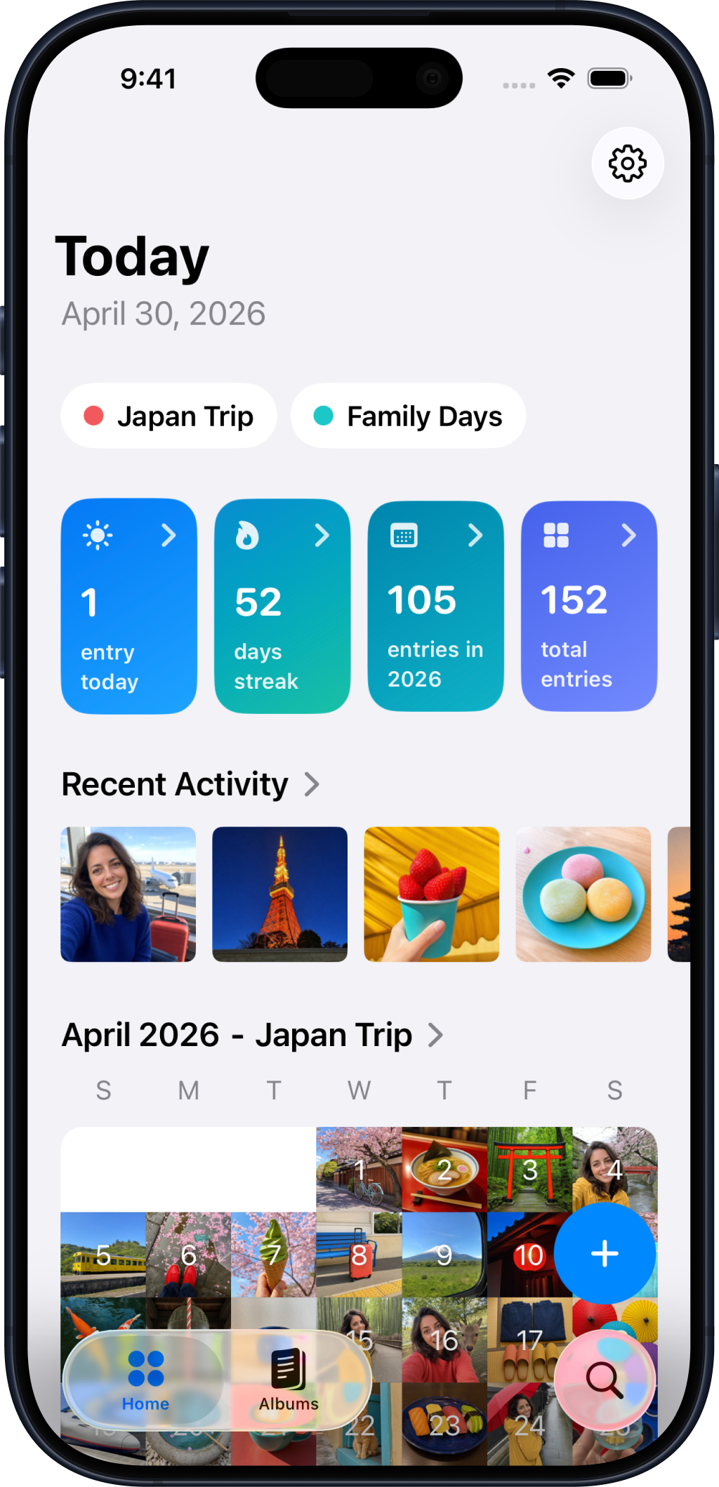 Collect Today screen showing albums, streaks, recent activity, and a calendar